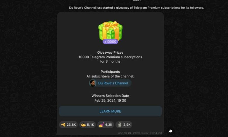 مدیرعامل تلگرام 10 هزار اشتراک پریمیوم به مشترکین کانال خود می‌دهد