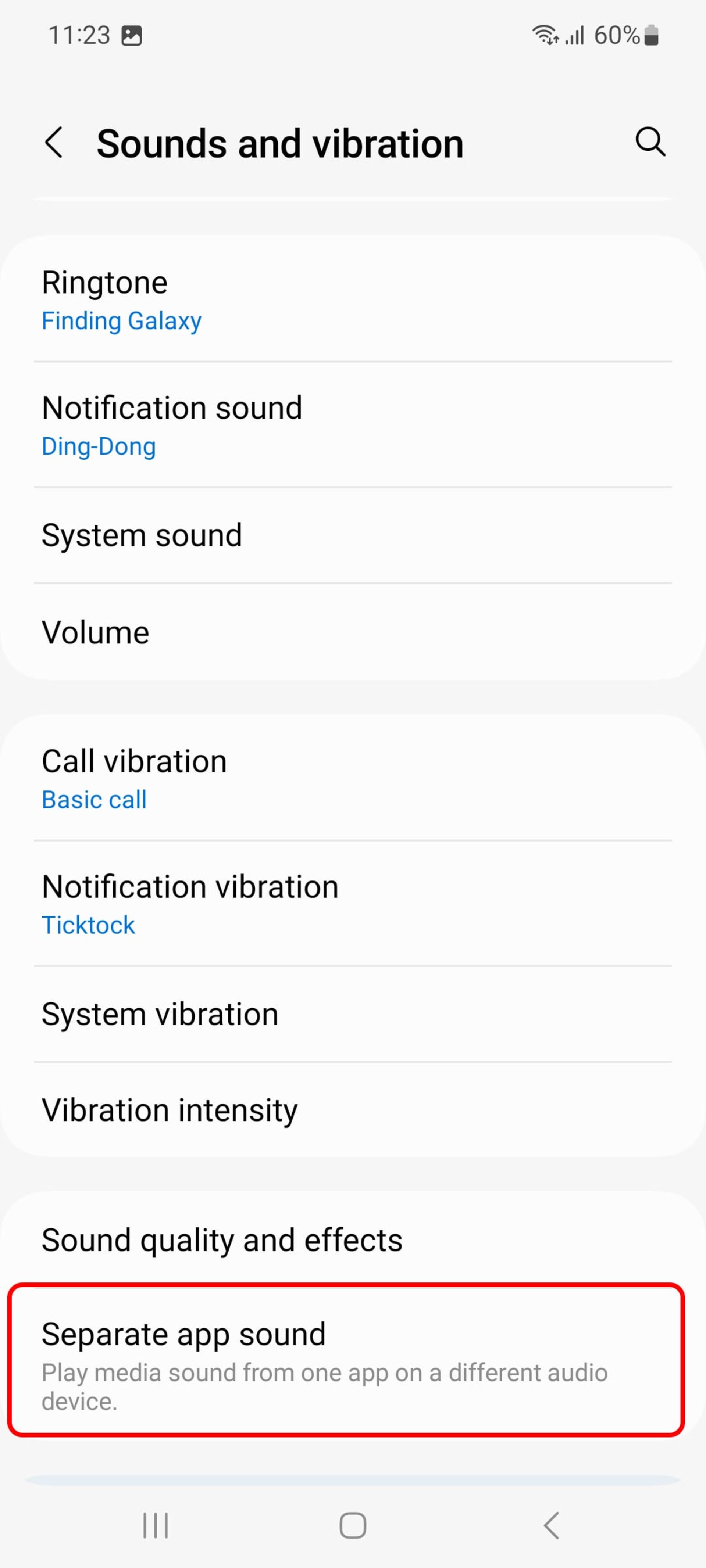 Separate app sound در گوشی سامسونگ چیست؟_مستطیل زرد 2 انتخاب گزینه پخش جداگانه صدای اپلیکیشن (Separate App Sound)