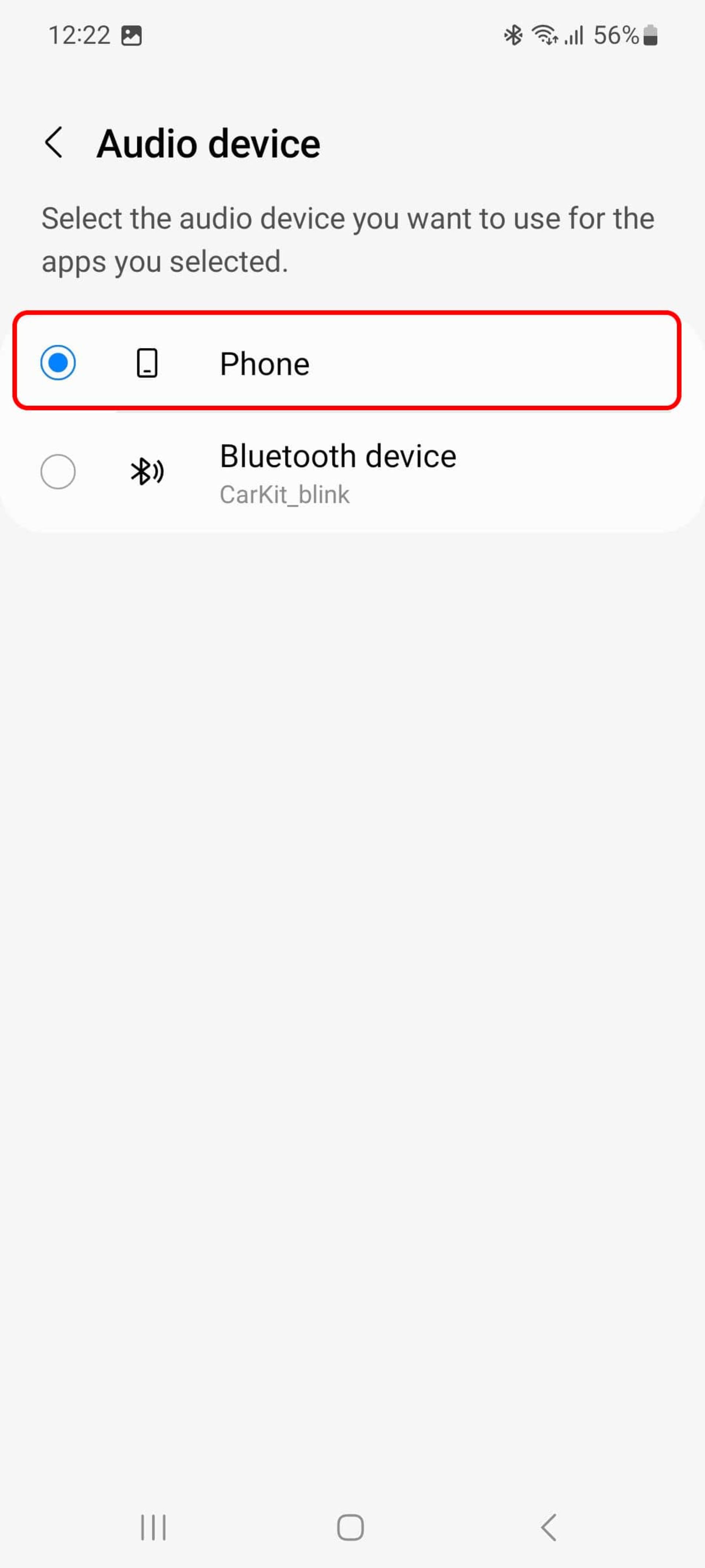 Separate app sound در گوشی سامسونگ چیست؟_مستطیل زرد 3 بخش Audio device و انتخاب دستگاه صوتی مورد نظر برای پخش جداگانه صدای اپلیکیشن